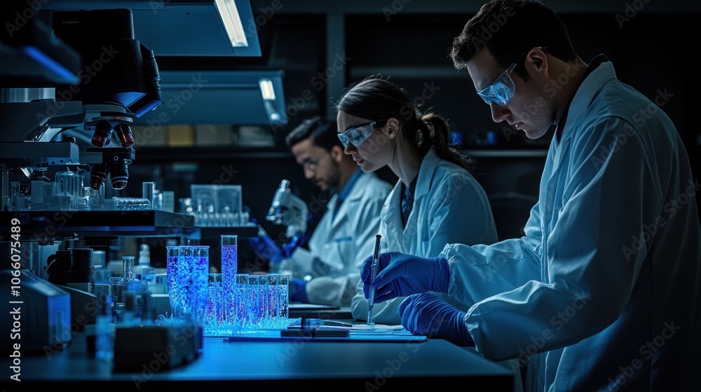 Poster Scientists Working in a Laboratory with Blue Liquids and a Microscope