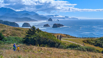 Coastal scenic views from Ecola State Park overlook of Cannon Beach, Haystack Rock, sea stacks and the Pacific Ocean