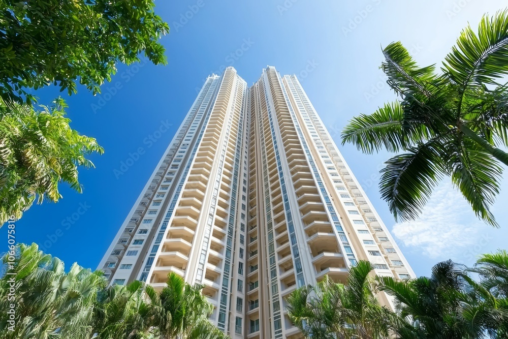 Poster a tall building with a lot of windows and a green palm tree in front of it