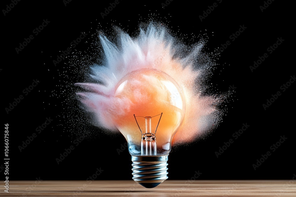 Poster a light bulb is exploding and the light is shining through the smoke