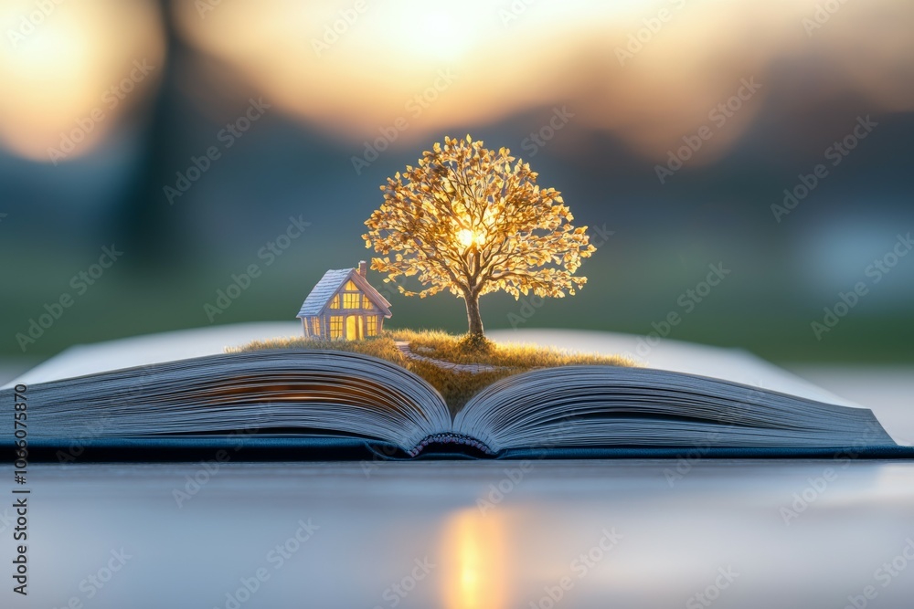 Poster a book is open to a page with a tree and a house