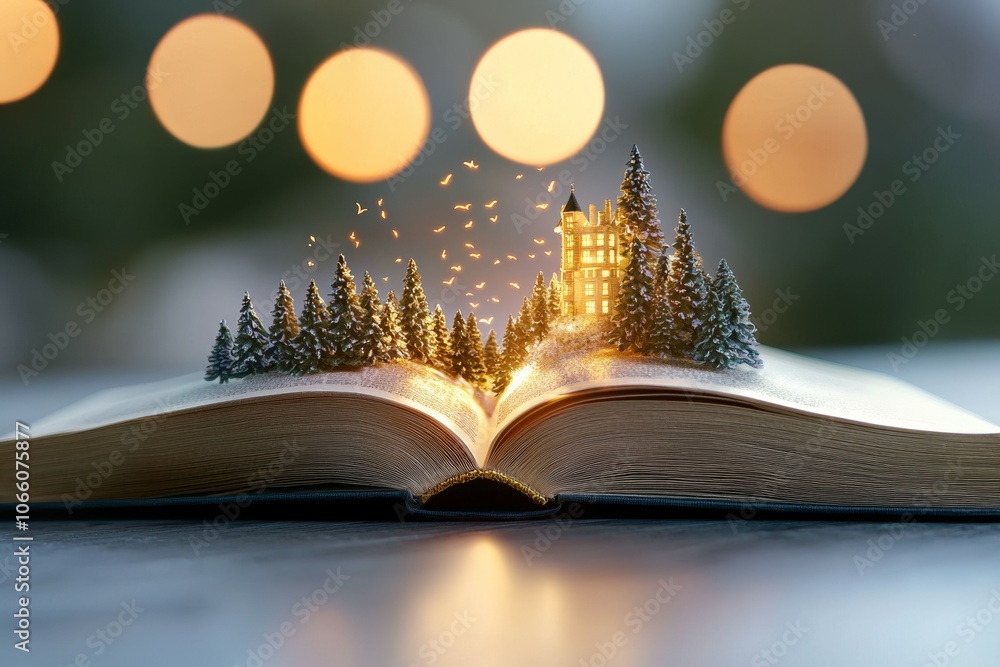 Poster a book is open to a page with a castle and trees