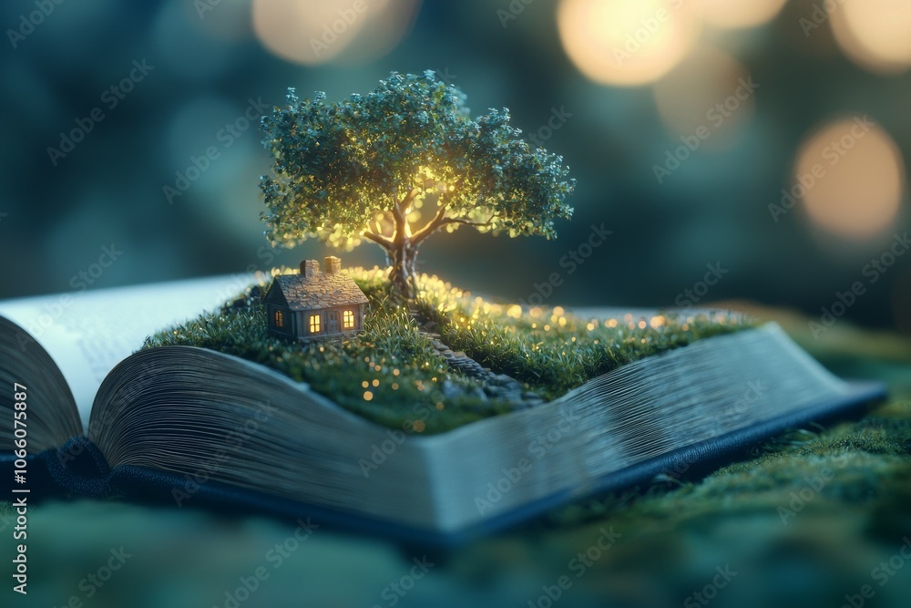 Poster a book is open to a page with a tree and a house