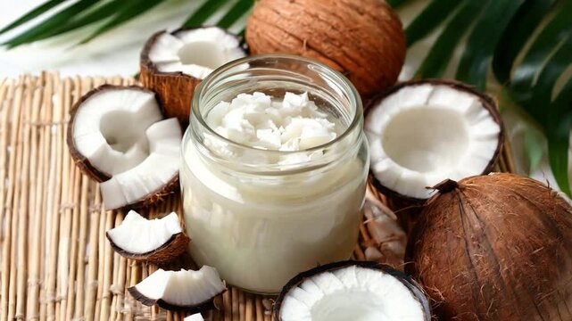 Natural coconut oil in a glass jar surrounded by fresh coconut halves and shavings, beautifully arranged on a bamboo mat with a tropical backdrop