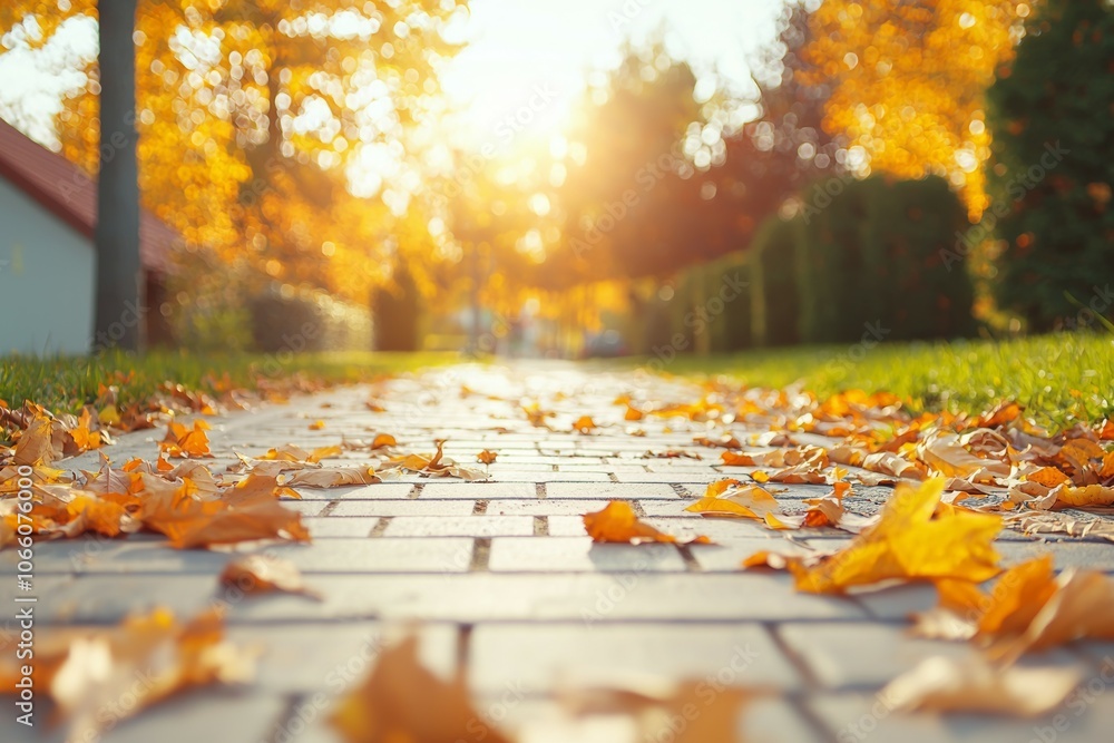 Poster a path with leaves on the ground and a tree in the background
