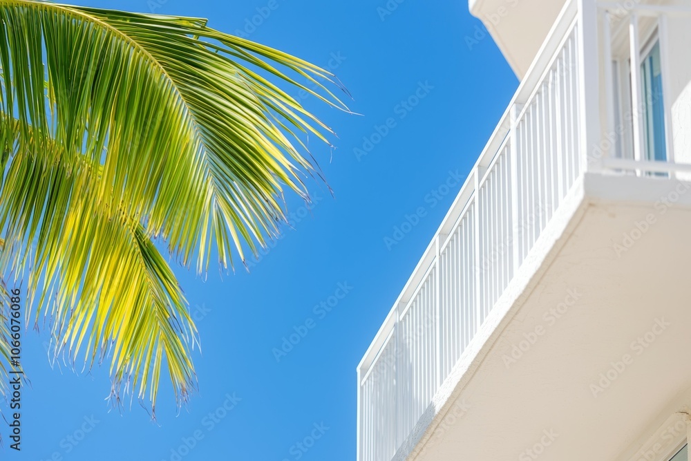 Poster a palm tree is in front of a white building with a balcony