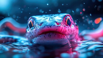 Fototapeta premium An aquatic creature emerges from sparkling water adorned with vibrant colors, capturing the essence of life and motion in a dazzling and dreamlike setting.