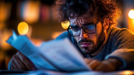 A man wearing glasses is deeply absorbed in reading a book, highlighted by warm, dim lighting that creates a cozy and contemplative atmosphere.