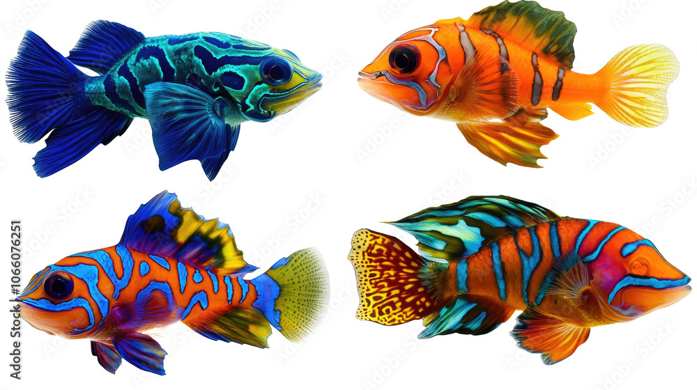 Poster stunning mandarinfish collection on transparent background generative ai