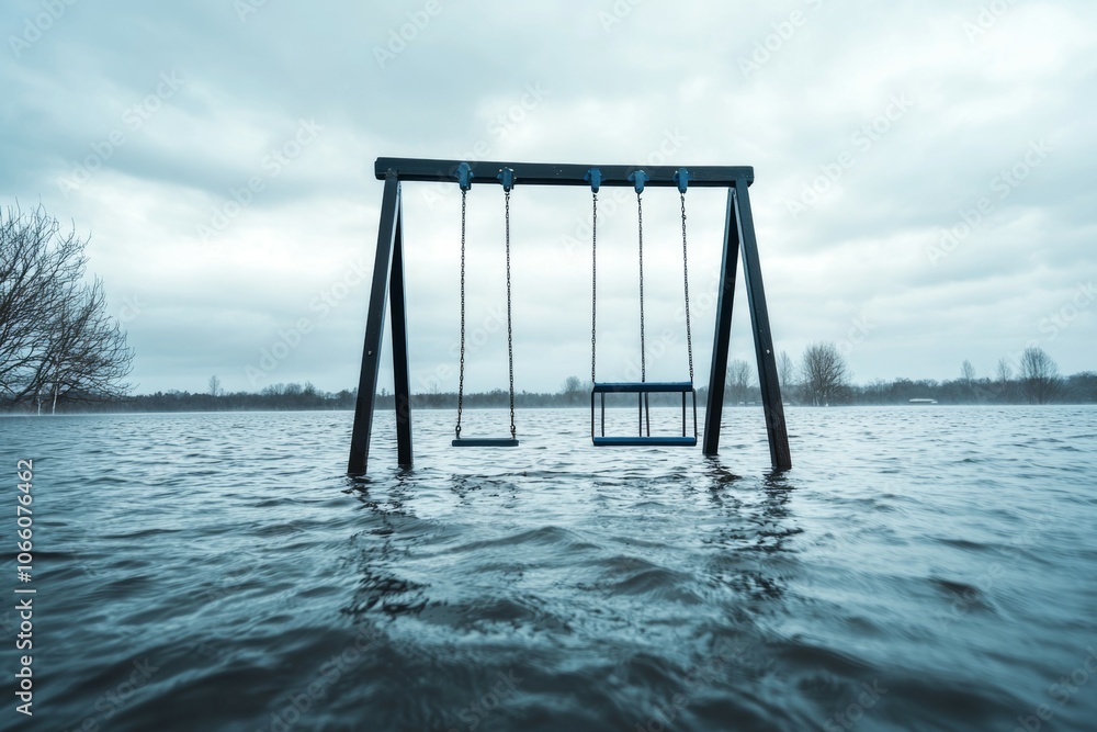Poster a swing set is floating in a flooded lake