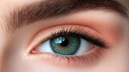 Obraz premium Close-up of a woman's blue eye with natural makeup.