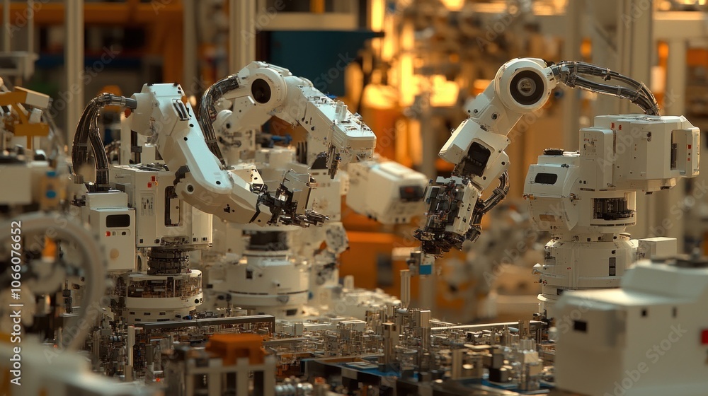 Poster two industrial robots working on an assembly line