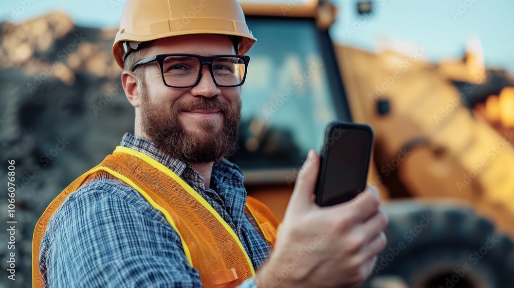Poster construction worker using a smartphone at a construction site
