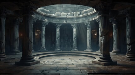 Roman Arena with Marble Columns and Stone Floors, Central Stage for Magical Ruins or RPG Action Scenes, 3D Rendering
