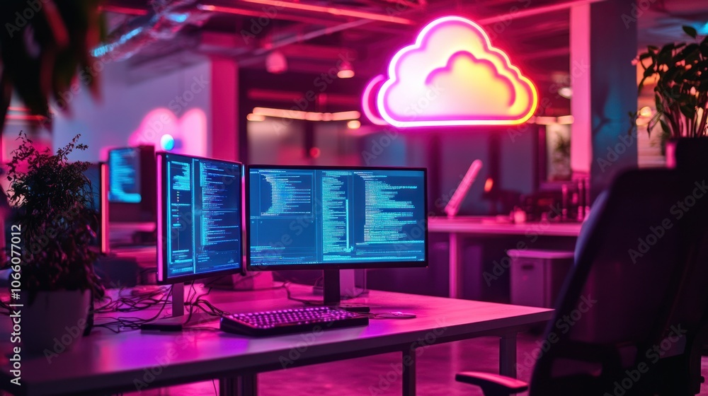 Poster Neon Cloud Lit Desk with Computer Monitors Displaying Code