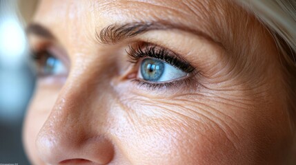 Close-up of a woman's blue eyes, showing wrinkles and fine lines around the eyes.