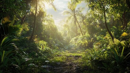 Obraz premium Sunlit Path Through Lush Tropical Jungle