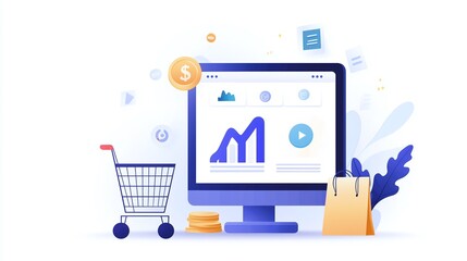 Digital illustration of eCommerce sales increase with data graphs and a virtual shopping basket, white background, clean lines