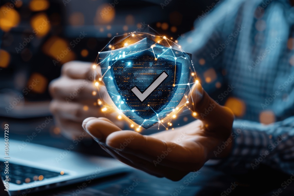 Poster businessman using laptop with virtual shield representing online data protection and cyber security