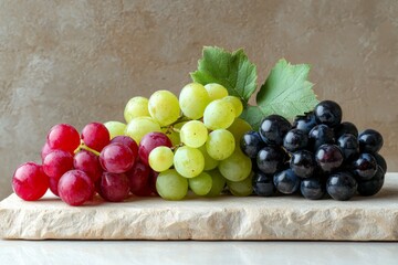 A bunch of grapes are displayed on a table, with some being red, green