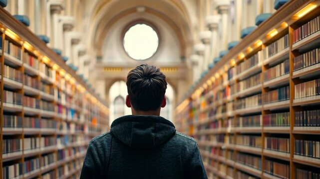 Young Man in Hoodie Exploring a Grand Library, Captured from Behind with Blurred Shelves and Sunlit Circles