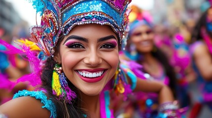 Fototapeta premium A beaming festival participant dressed in colorful traditional wear participates enthusiastically, showcasing cultural richness and the joy of human connection and expression.
