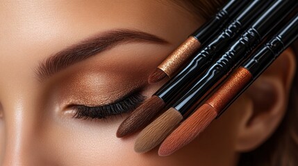 Close-up of a woman's eye with makeup brushes.
