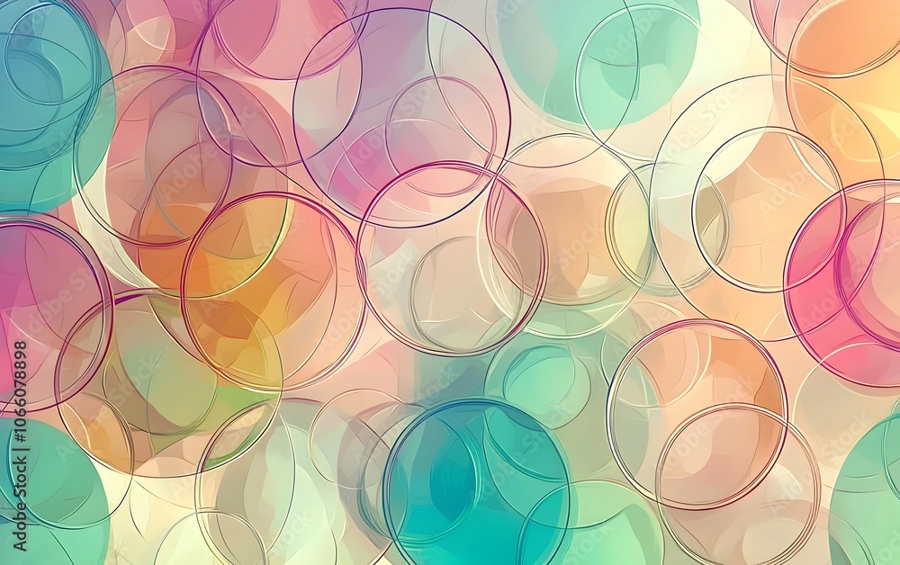 Poster a vibrant abstract composition featuring overlapping circles in soft pastel colors, creating a sense
