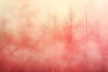 Fototapeta premium A serene landscape featuring bare trees shrouded in a soft, ethereal mist. The palette blends warm pinks and oranges, creating a tranquil, dreamlike atmosphere.
