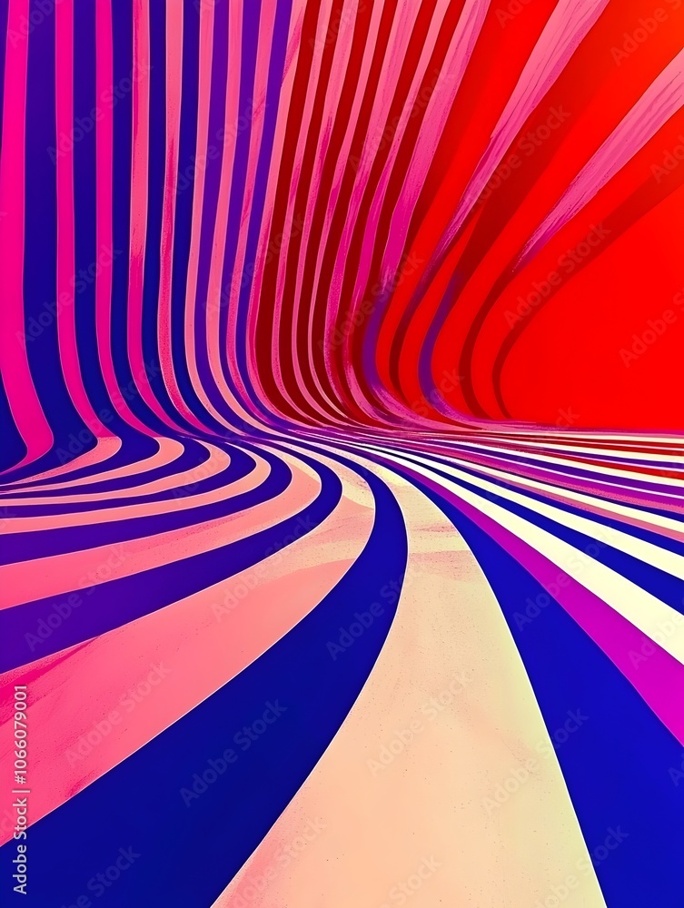 Poster a vibrant abstract design featuring flowing stripes in shades of red, pink, and blue, creating a dyn