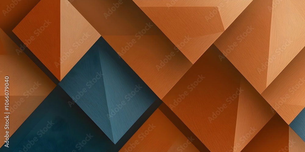 Poster An abstract geometric composition featuring sharp, textured triangular shapes in warm copper and rich blue hues, creating a dynamic interplay of light and shadow.