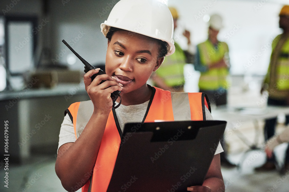 Poster woman, radio and clipboard in construction site as engineer or supervisor in project management. fem