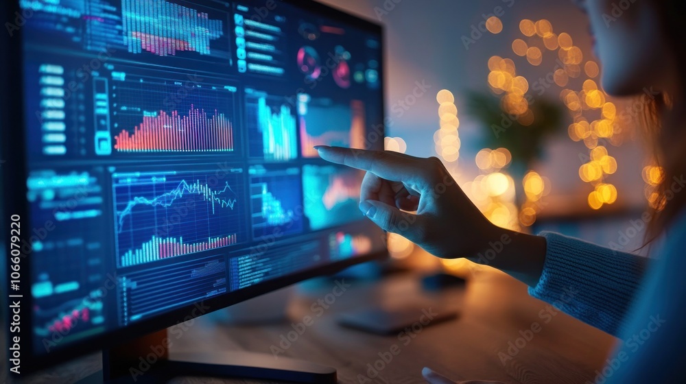 Poster Person analyzing data on a computer monitor, illuminated by warm lights