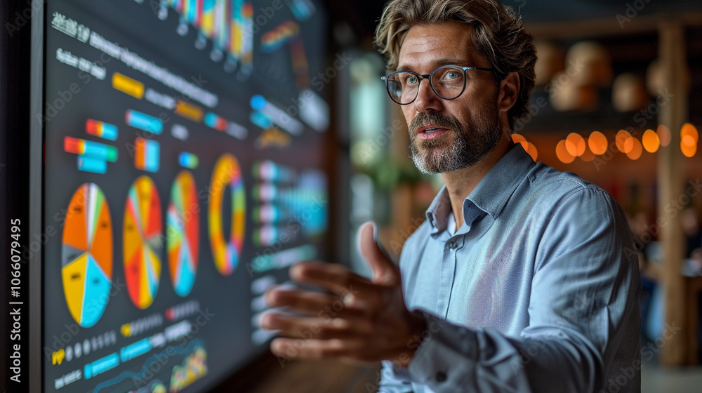 Poster businessman delivers engaging presentation with data visualizations in modern conference setting