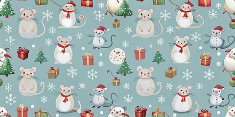 Obraz premium Festive mice and christmas elements pattern with gifts and snowflakes