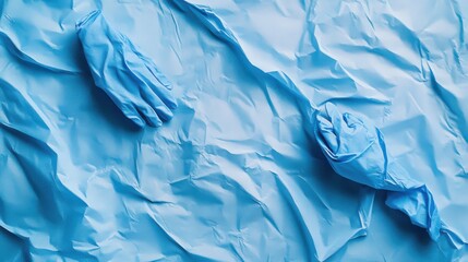 Fototapeta premium A pair of gloved hands is positioned on a clean, textured surface, indicating readiness for a medical task. The blue gloves symbolize hygiene and care, essential in healthcare settings.