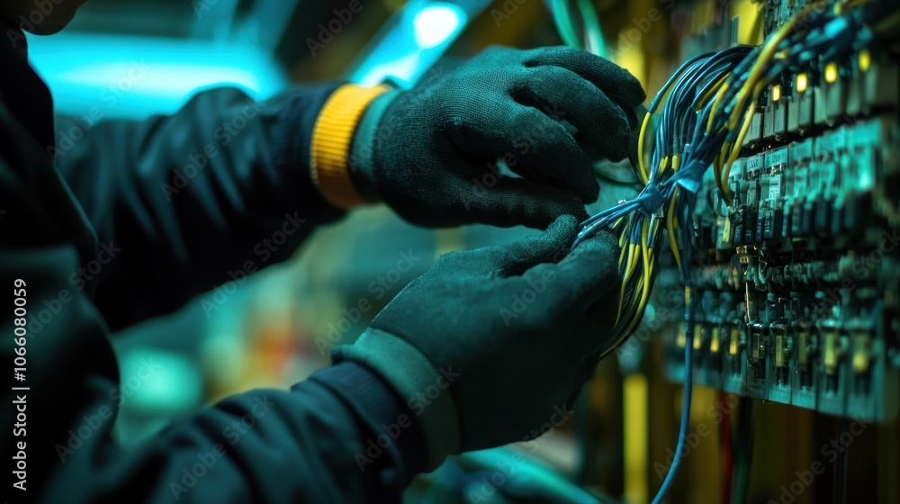Poster gloved hands working on electrical panel with wires