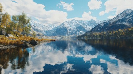 Obraz premium Tranquil Mountain Lake with Snow-Capped Peaks and Autumn Foliage