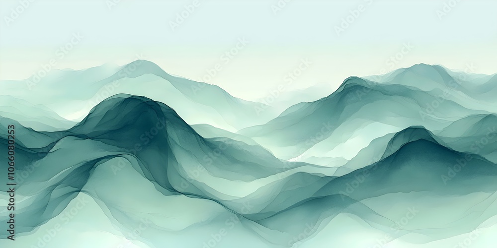 Poster an abstract landscape featuring soft, flowing waves of teal and green hues, creating a serene and tr