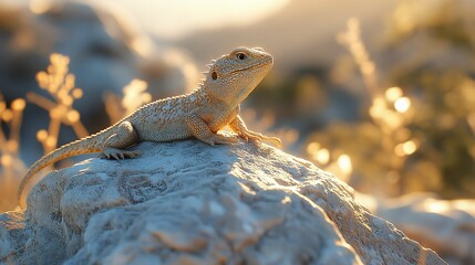 A small lizard basks on a rock in the warm golden light of the setting sun.