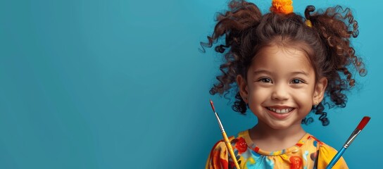 cheerful girl painting with colorful paintbrushes on blue background smiling joyfully from above