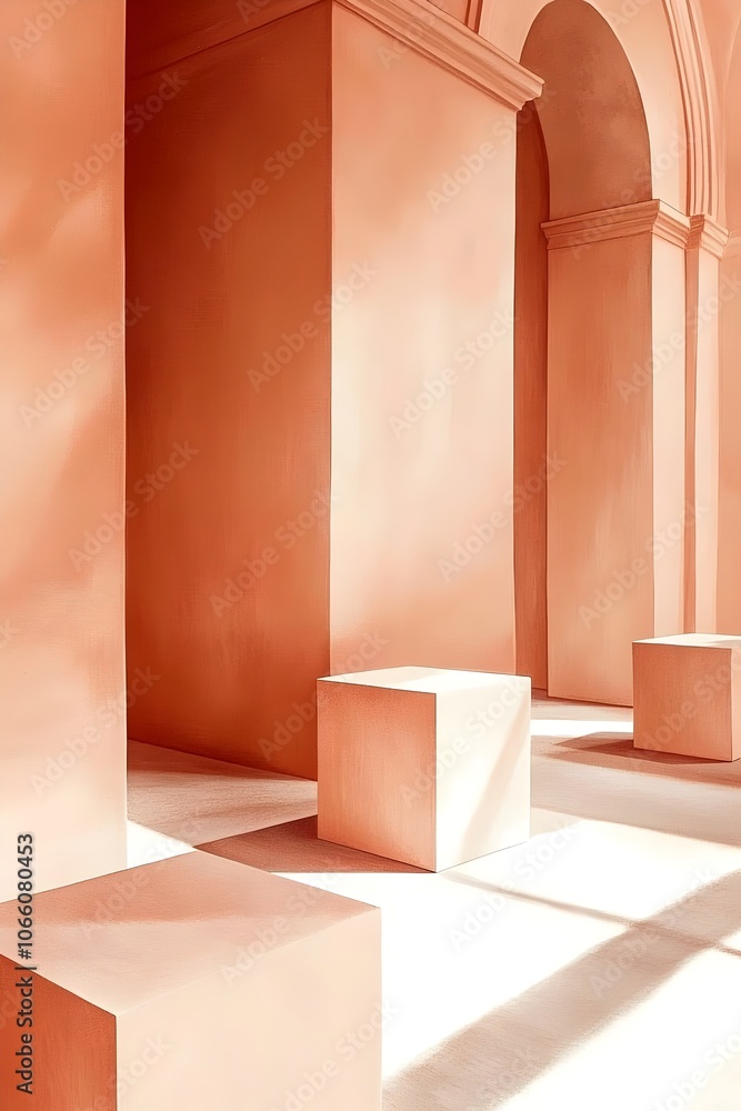 Poster a serene interior featuring soft peach-colored columns and minimalist cubed structures casting gentl
