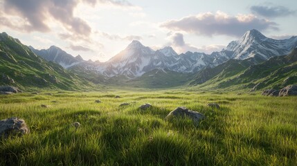 Fototapeta premium A Lush Meadow Framed by Majestic Snowy Mountains Under a Cloudy Sky