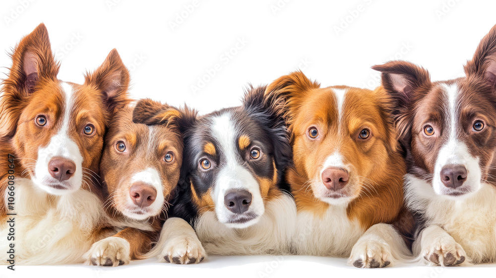 Poster border collies resting together on white background generative ai