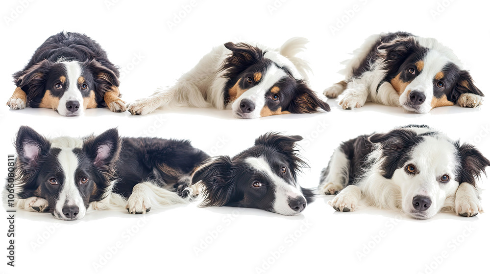 Poster collection of border collie dogs resting on a transparent background generative ai