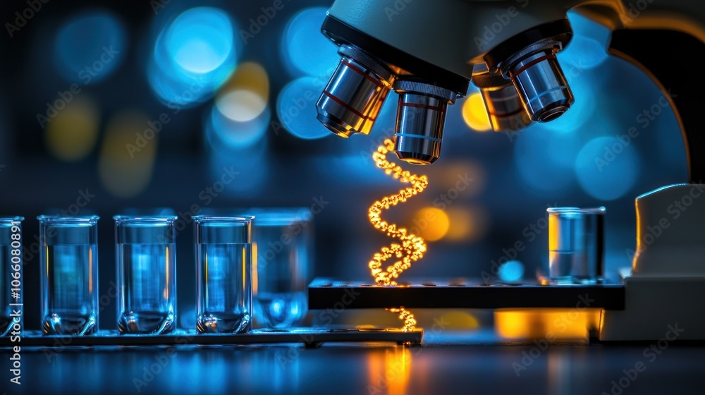 Poster a microscope lens over test tubes with a spiral of light