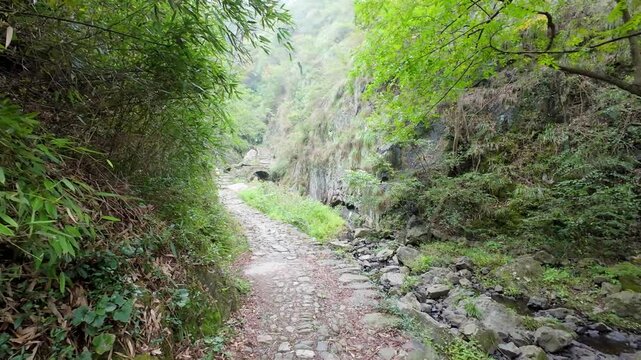 POV hike in mountain in Zhejiang, China, walking along path through trees and forest, greenery plants mountains, following, smooth motion gimbal, dirt path and rock steps, 4k real time footage b roll.