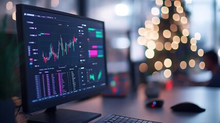 Stock market chart displayed on a computer monitor with a blurred Christmas tree in the background.