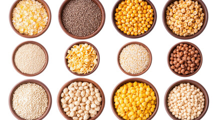 Varied Collection of Bowls Filled With Various Cereals on Display Generative AI