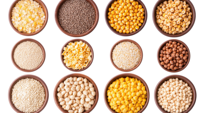 Varied Collection of Bowls Filled With Various Cereals on Display Generative AI